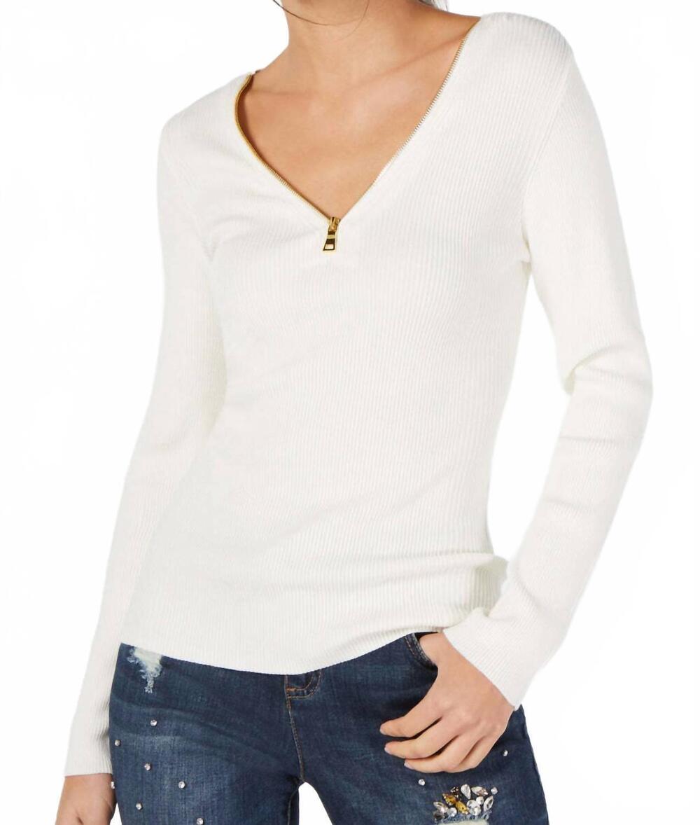 NEW I.N.C. INTERNATIONAL CONCEPTS zipper embellished sweater in washed white